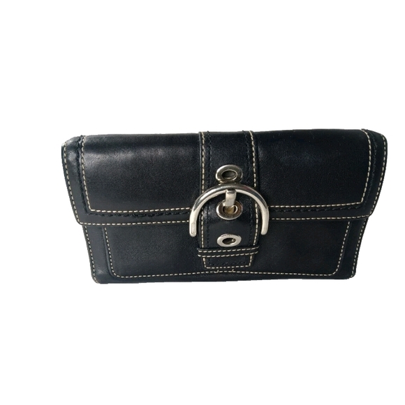 Coach Black Leather Soho Checkbook Wallet Silver Buckle Clutch Purse - Picture 1 of 8